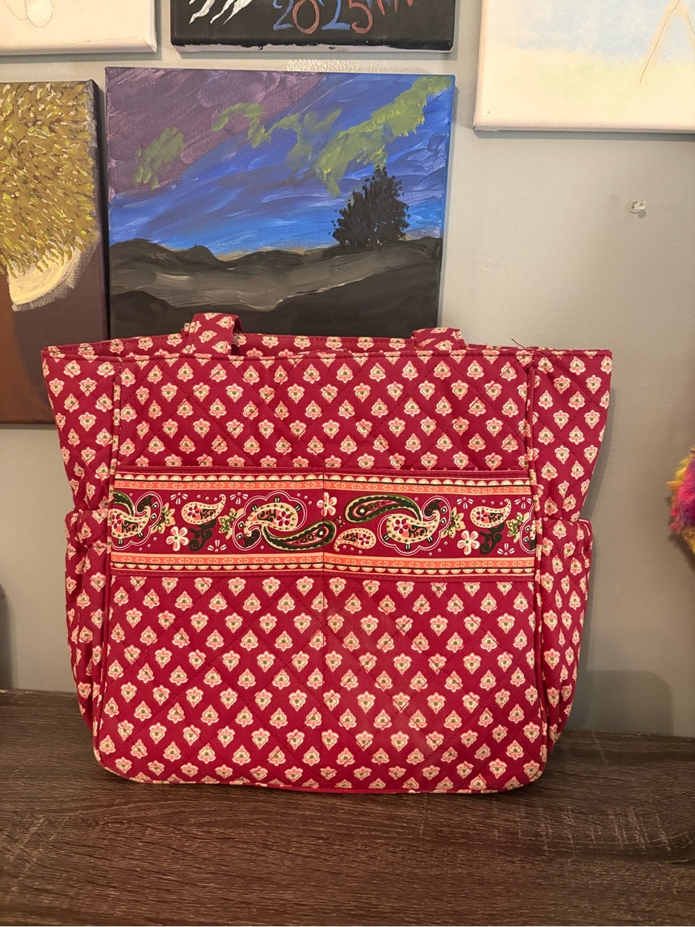 Quilted Red Patterned Diaper Bag with Paisley Accent